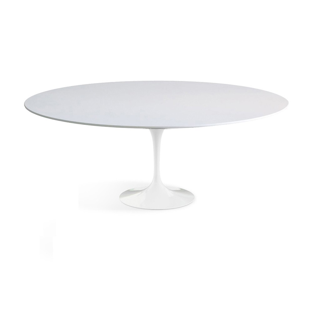 tulip oval table with white liquid laminate top with round base in glossy or matt white cast aluminum